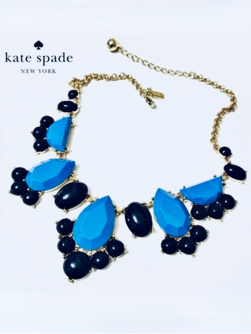 KATE SPADE, Day Tripper BIB Statement NECKLACE Blue, Black & 
Gold 12k